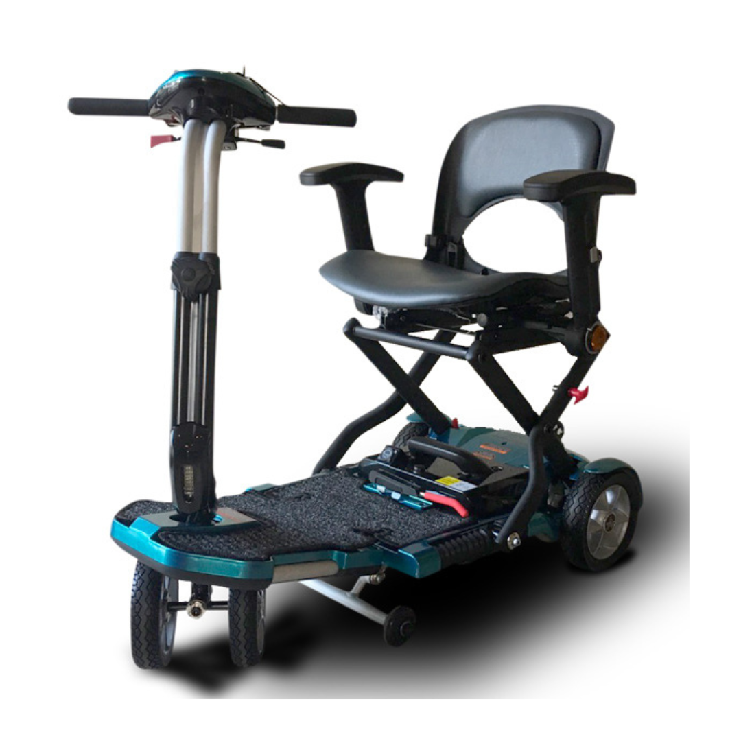 The EV Rider Transport Plus Portable Mobility Scooter is a compact, airline-safe foldable scooter with a black cushioned seat, armrests, handlebars, and three wheels for accessible personal transportation, shown on a white background.